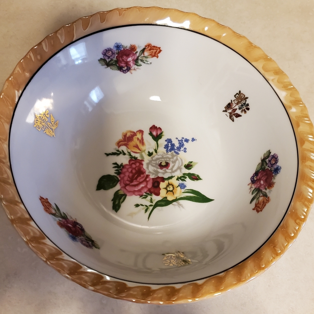 Vintage serving bowl with flowers, gold trim and holographic glaze trim